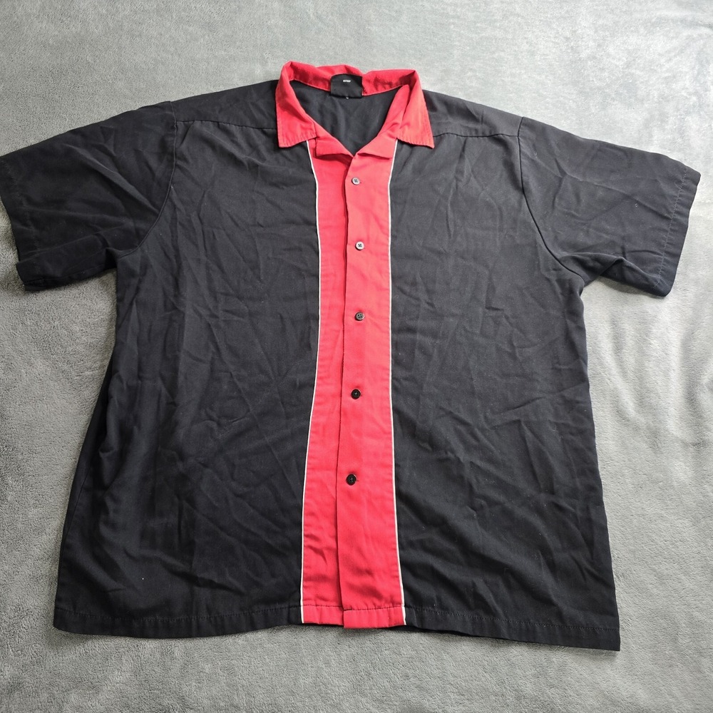Hilton Bowling Shirt Men 2XL Button Up Black Red Short Sleeve Retro XXL